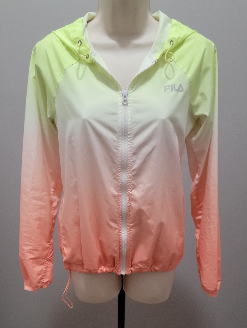 FILA Hooded Ombre Windbreaker Jacket - Lime Yellow to Orange Sz XS
